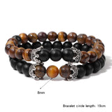 2Pcs Natural Map Stone Beads Bracelet with Crown Charm 8mm