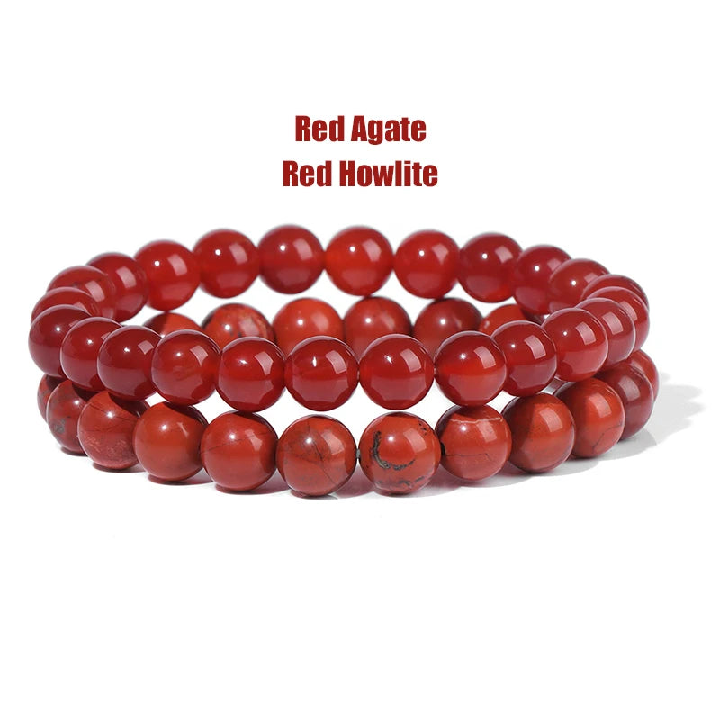 2Pcs/Set Natural Stone Beaded Bracelets Howlite Cat Eye Bangles For Men Women