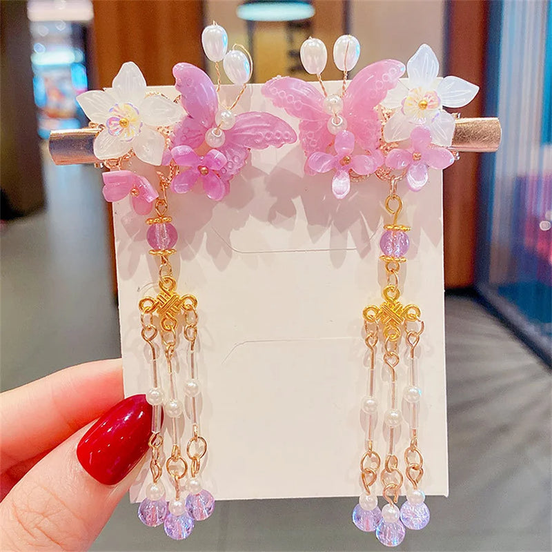 Hanfu Butterfly Flower Hairpin Tassel Hairgrips Combo Clip