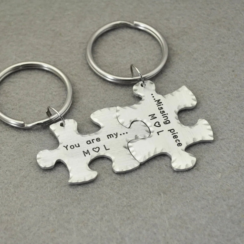 Personalized Couple Puzzle Keychains Set Engraved Key Rings Valentines Gift