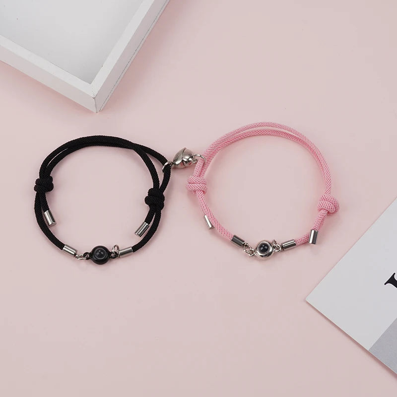 Custom Projection Couple Bracelet Set with Magnetic Heart - Personalized Bangle