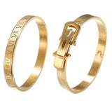 2Pcs Titanium Open Cuff Bangle Bracelet Sets Roman Numerals Buckle