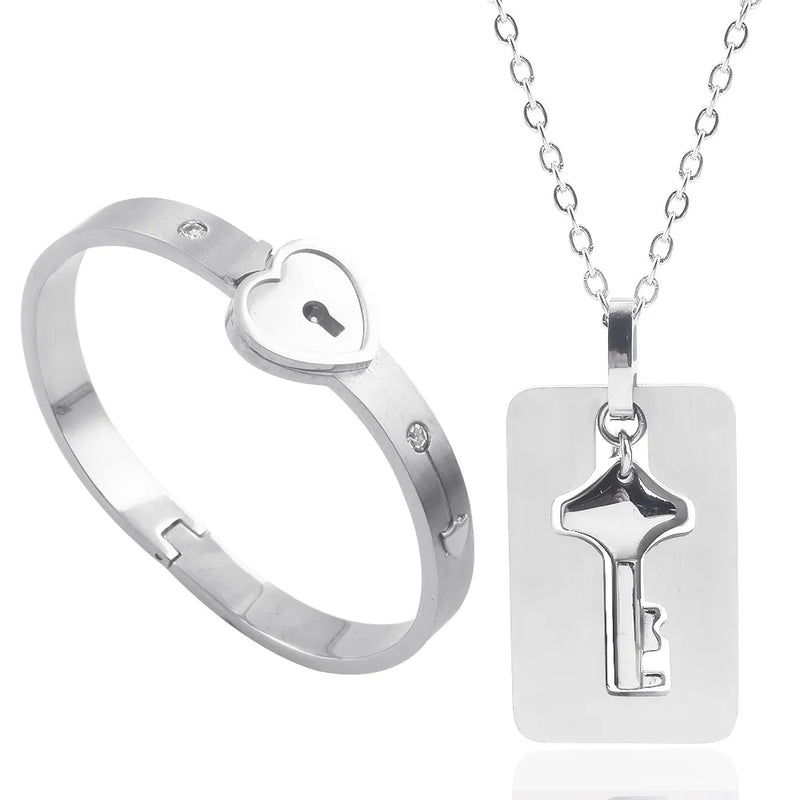 2Pcs Stainless Steel Heart Bracelet Lock Bangle Kit Couple Gift Valentine's Day