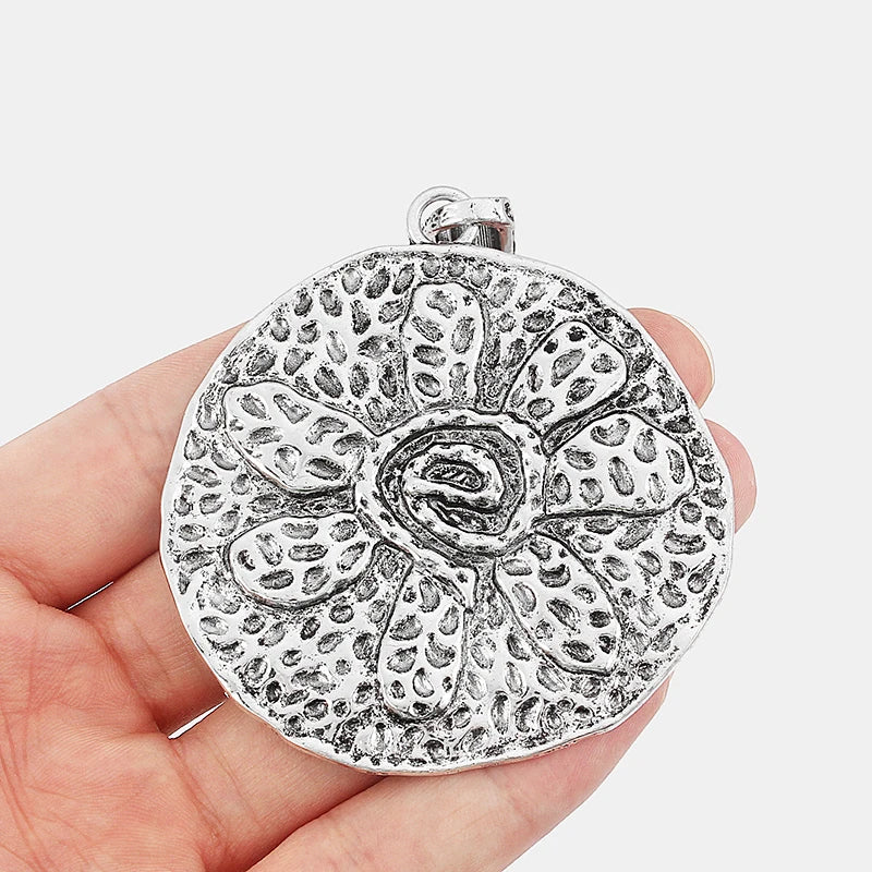 2Pcs Tibetan Silver Flower Charm Pendants For DIY Necklace Making 62x65mm