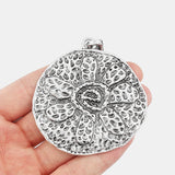 2Pcs Tibetan Silver Flower Charm Pendants For DIY Necklace Making 62x65mm