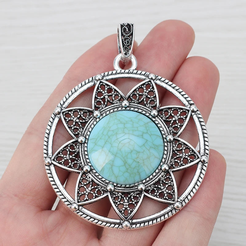 2Pcs Boho Round Flower Charms Pendant for DIY Necklace Making 61x55mm