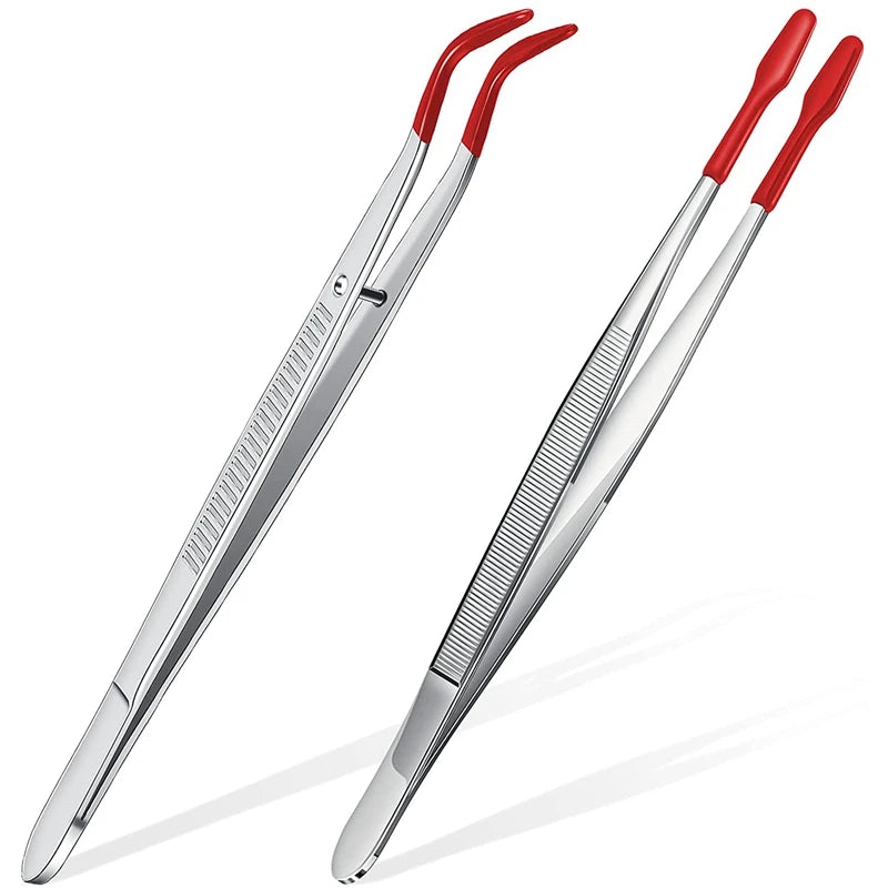 2Pcs Coated Tips Bent Flat Tweezers Jewelry Crafts Tools- Red