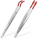 2Pcs Coated Tips Bent Flat Tweezers Jewelry Crafts Tools- Red