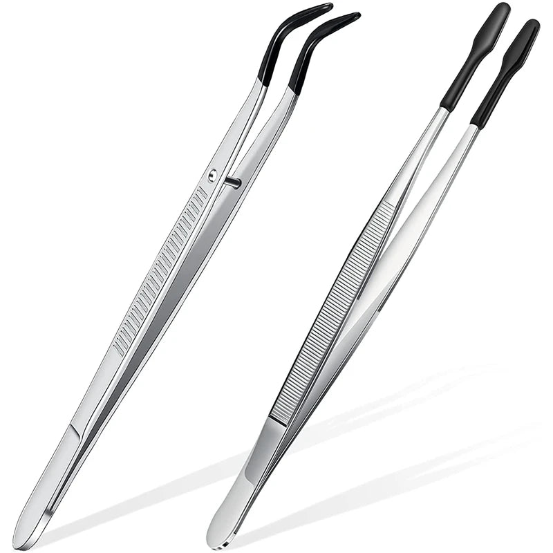 2Pcs Coated Tips Tweezers Set Bent Flat Jewelry Hobby Crafts Industrial Tools