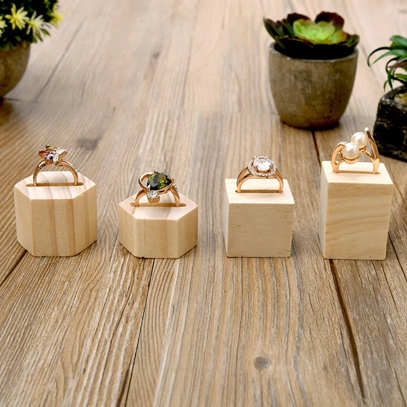2Pcs Vintage Wooden Ring Display Stand Jewelry Organizer Storage