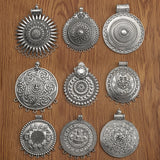 2Pcs Tibetan Silver Large Boho Flower Medallion Circles Charms Pendants