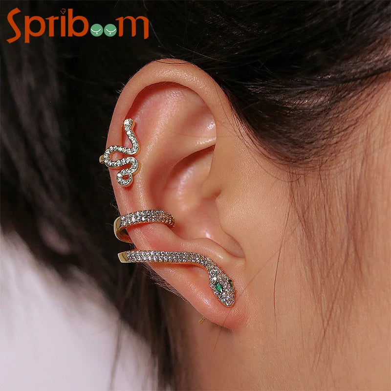 2Pcs Snake Clips On Earrings Vintage Zircon Ear Cuff Punk Ear Cuff