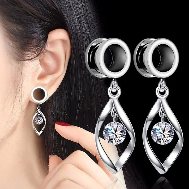 2Pcs Stainless Steel Ear Plugs Tunnels CZ Gem Expansions Ear Reamer Earrings