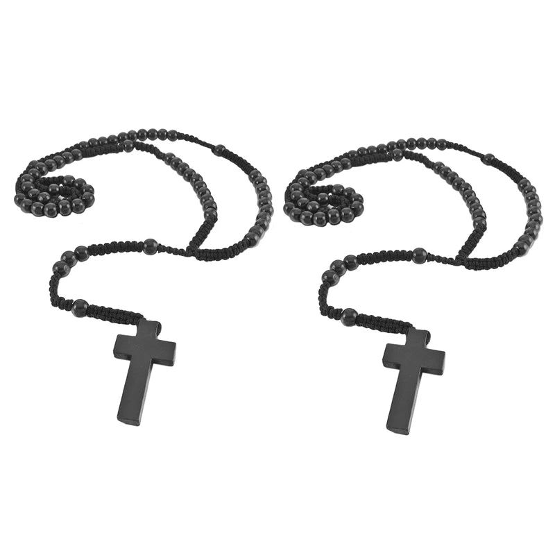 Wooden Cross Pendant Necklace Rosary Chain 24 Inches Retro Man Woman
