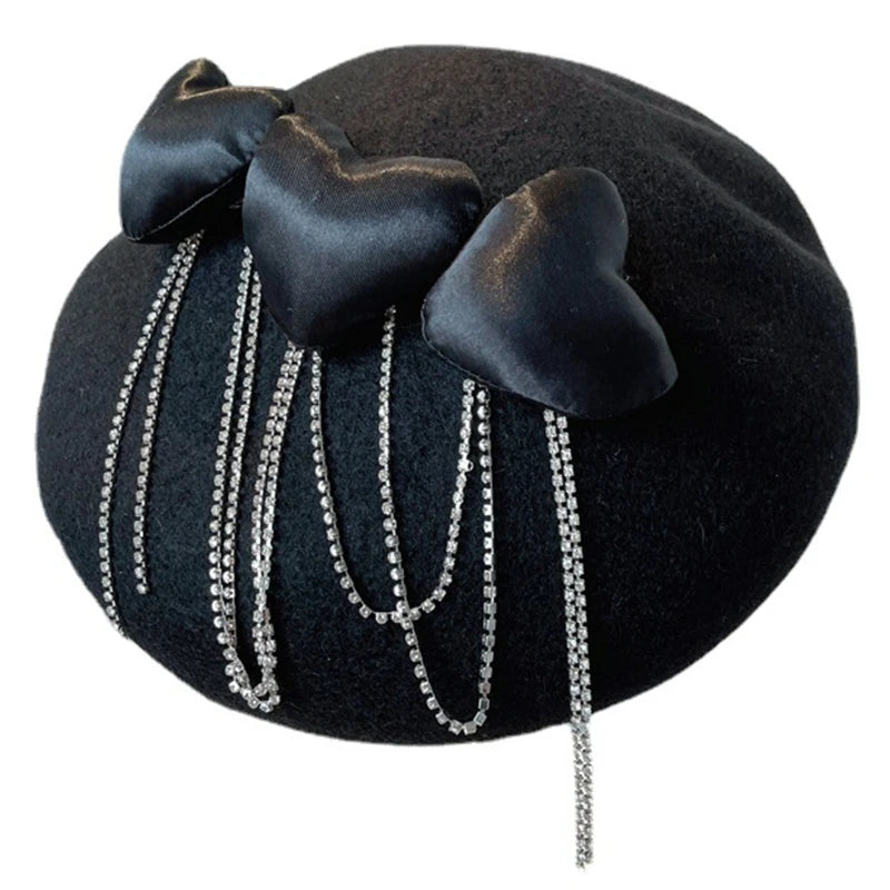 Beret Hat with Rhinestone Chain, Painter Hat, Show Face Small