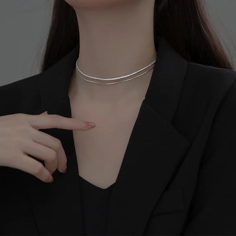 925 Silver Multilayer Snakebone Zircon Tennis Necklace Choker Pendant