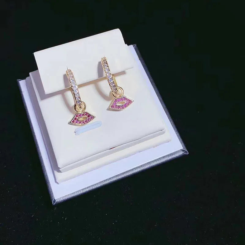 2pairs Red Lips Cz Earrings