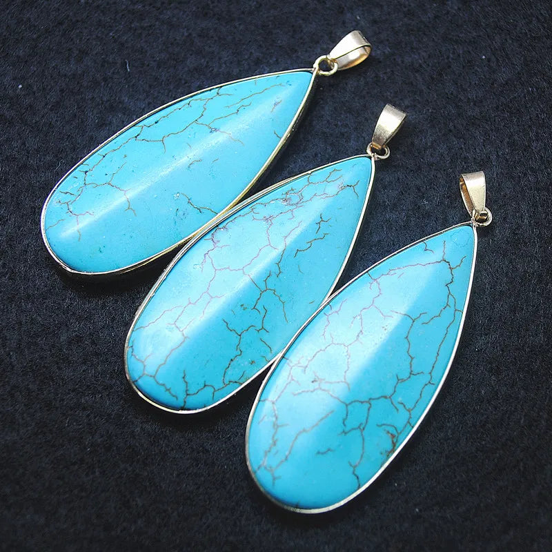 Turquoise Stone Teardrop Earrings with Silver Necklace Set