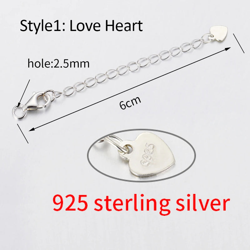 2pcs 925 Sterling Silver Extension Chains With Heart Round Tag Lobster Clasps