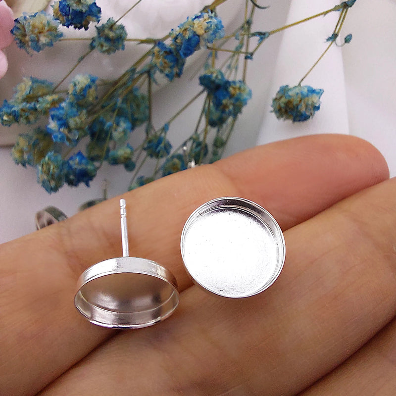 2pcs 925 Sterling Silver Earring Posts, Round Bezel Setting Ear Studs