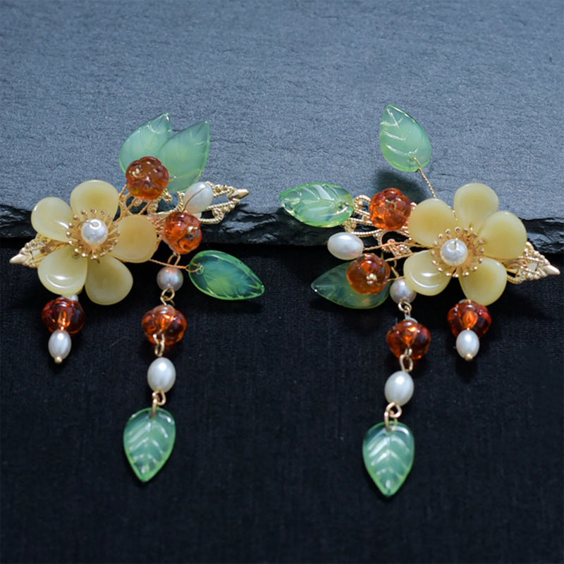 2pcs Ancient Flower Tassel Hair Clips Chinese Hanfu Party Headwear For Women