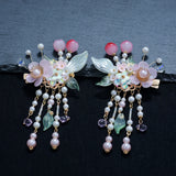 2pcs Ancient Flower Tassel Hair Clips Chinese Hanfu Party Headwear For Women