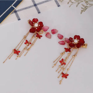 Red Flower Butterfly Hair Clip Pearls Chinese Barrette Women Hanfu Dress