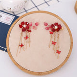 Red Flower Butterfly Hair Clip Pearls Chinese Barrette Women Hanfu Dress