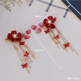 Red Flower Butterfly Hair Clip Pearls Chinese Barrette Women Hanfu Dress