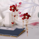 Red Flower Butterfly Hair Clip Pearls Chinese Barrette Women Hanfu Dress