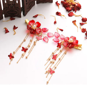 Red Flower Butterfly Hair Clip Pearls Chinese Barrette Women Hanfu Dress
