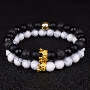Crown Beaded Couple Bracelets Set Natural Stone Wristband Jewelry