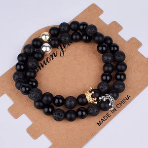 Crown Beaded Couple Bracelets Set Natural Stone Wristband Jewelry