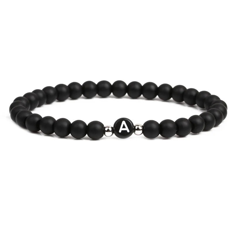 2pcs Couple Stone 26 Alphabet Bracelets Matte Bangels 6mm Elastic Cord