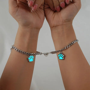 2pcs Couple Heart Bracelets for Men Glow in the Dark Paw Charm Cuban Chains