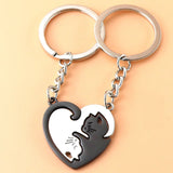 2pcs Cat Heart Round Couple Keyring Stainless Steel Backpack Keychain Patchwork