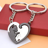 2pcs Cat Heart Round Couple Keyring Stainless Steel Backpack Keychain Patchwork