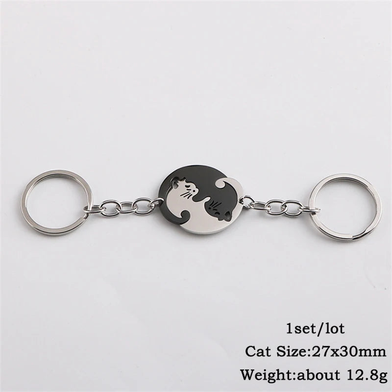 2pcs Cat Heart Round Couple Keyring Stainless Steel Backpack Keychain Patchwork
