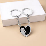 2pcs Cat Heart Round Couple Keyring Stainless Steel Backpack Keychain Patchwork