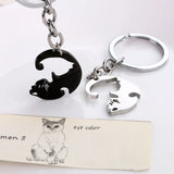 2pcs Cat Heart Round Couple Keyring Stainless Steel Backpack Keychain Patchwork