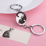 2pcs Cat Heart Round Couple Keyring Stainless Steel Backpack Keychain Patchwork