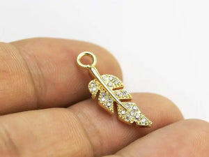 Dainty Feather Charms, CZ Pave, Real Plated, Necklace Charm