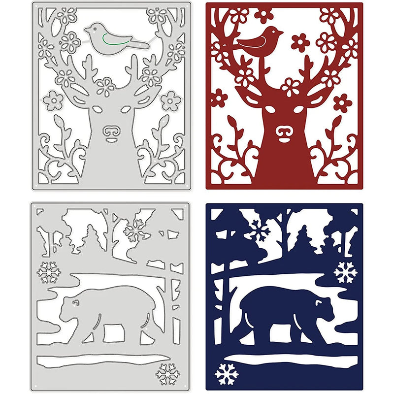 2pcs Deer and Bear Frame Metal Cutting Dies Template with Trees and Snowflake