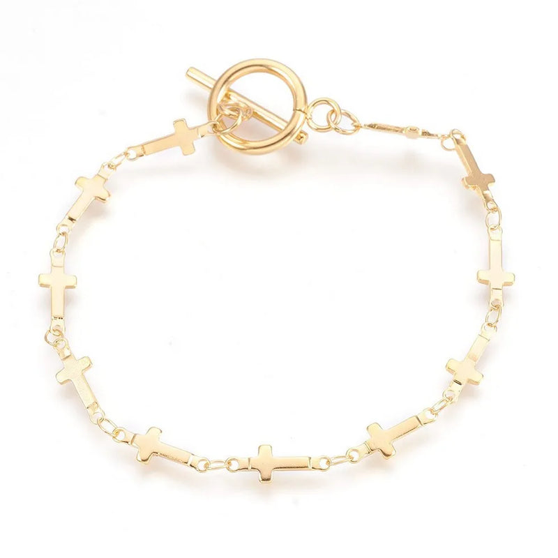 Stainless Steel Link Chain Bracelets for Women with Cross Heart Beads