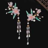 2pcs Floral Hair Clips Chinese Hanfu Hair Accessories Tassel Pearl Flower Hairpi