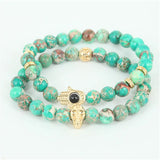 Natural Regalite Round Stone Beads Hamsa Hand Men Bracelet