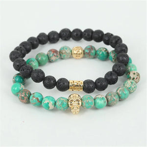 Natural lava/green regalite stone bead skull bracelet