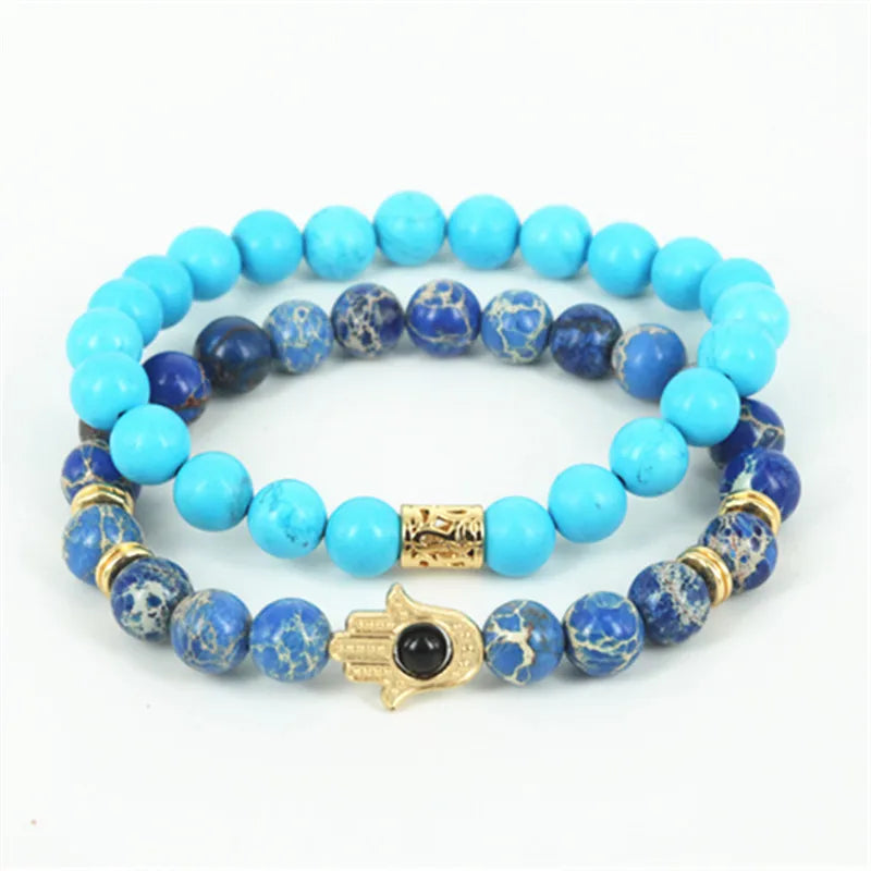 2pcs Natural Stone Bead Bracelet with Hamsa Hand