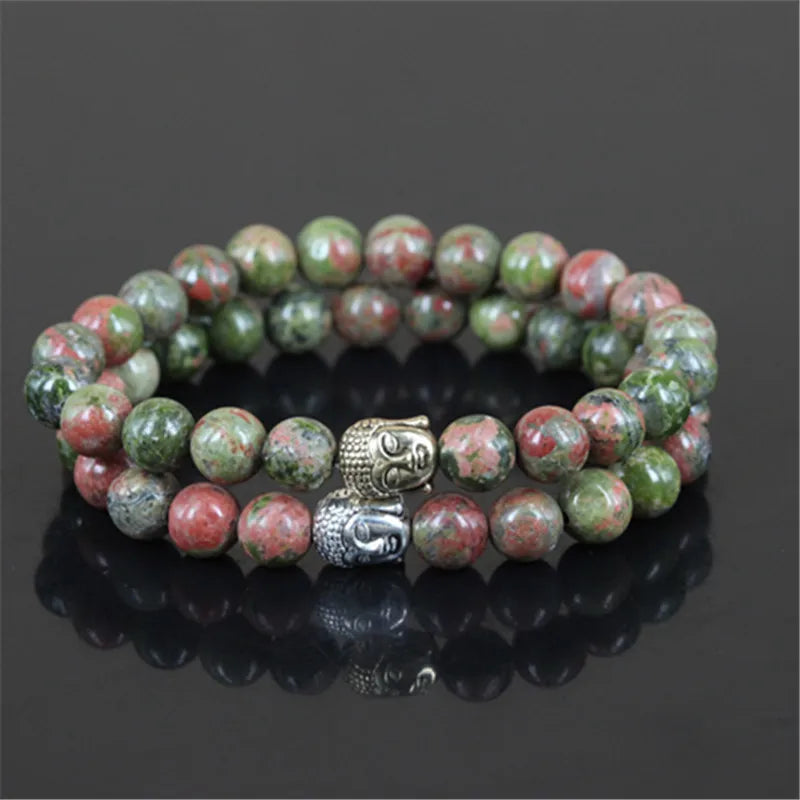Natural Unakite Stone Buddha Head Stretch Bracelet