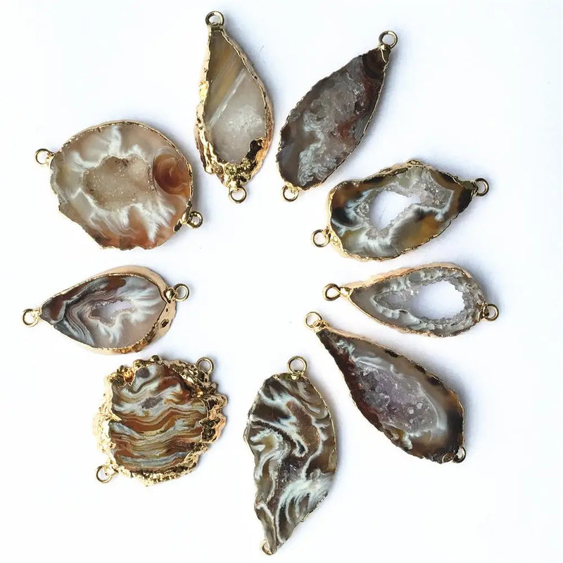 2pcs Natural Semi-precious Random Cut Pendant Gilt Edged Necklace Bracelet Parts